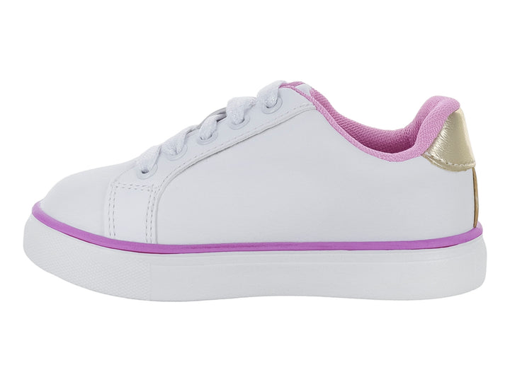 Tenis blancos para niña con una estrella brillante y detalles en color morado.
