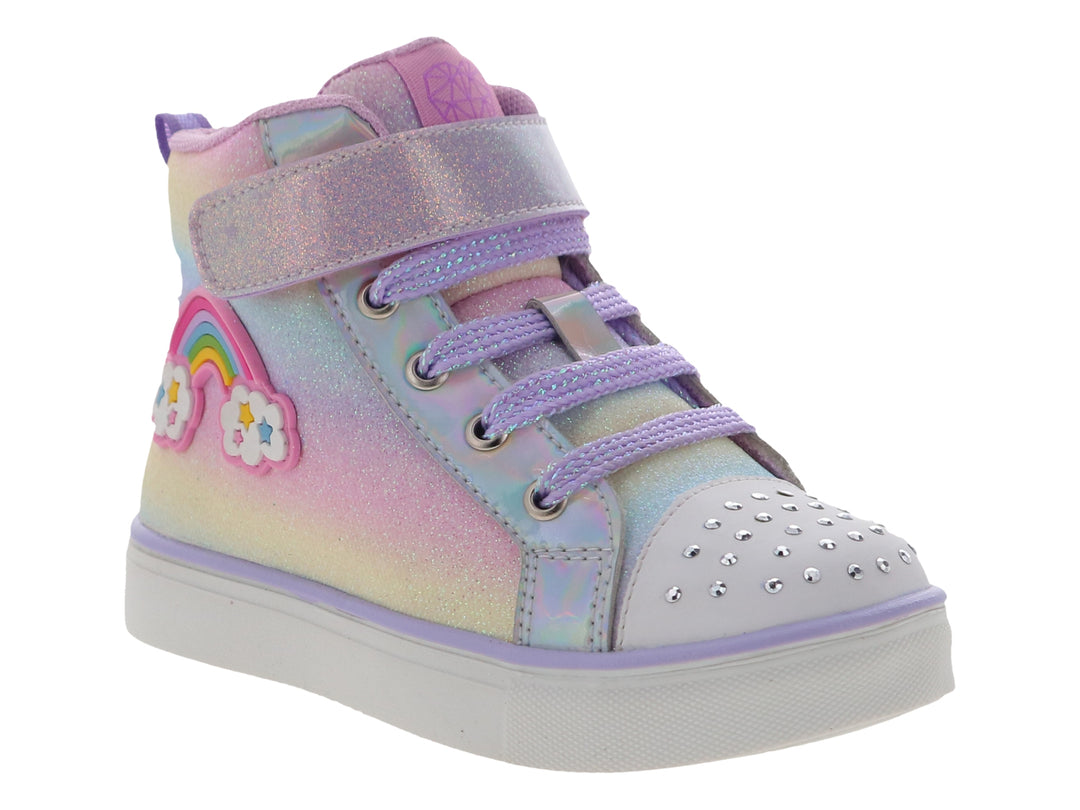 Tenis multicolores iridiscentes para Niña con diseño de arcoíris y detalles brillantes en la punta.