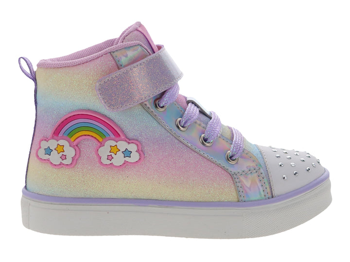 Tenis multicolores iridiscentes para Niña con diseño de arcoíris y detalles brillantes en la punta.
