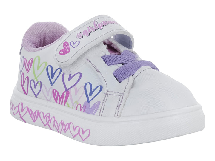 Tenis blancos para niña con estampado de corazones multicolores, agujetas y detalles en color morado.