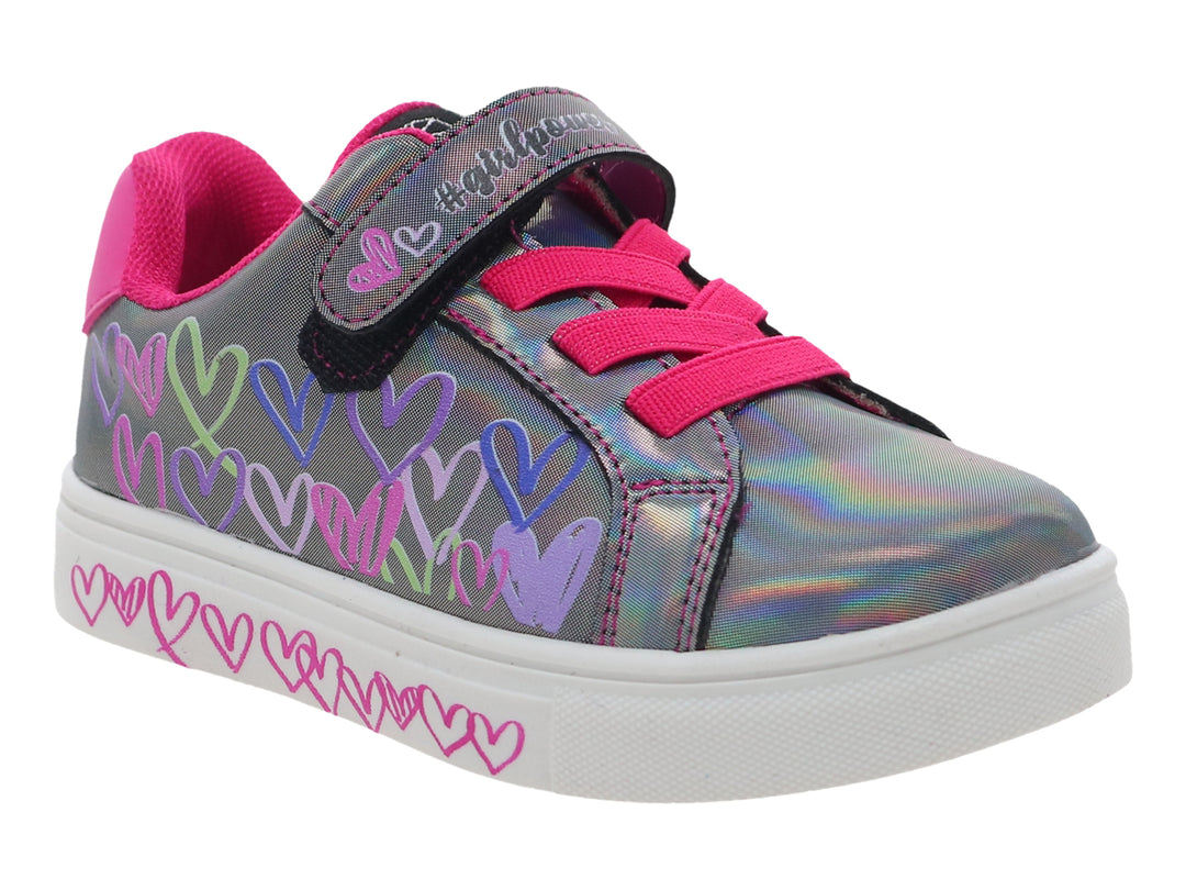 Tenis infantiles holográficos con detalles en rosa, corazones multicolores y suela blanca.