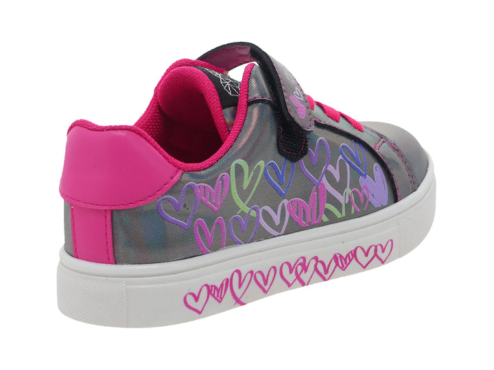 Tenis infantiles holográficos con detalles en rosa, corazones multicolores y suela blanca.
