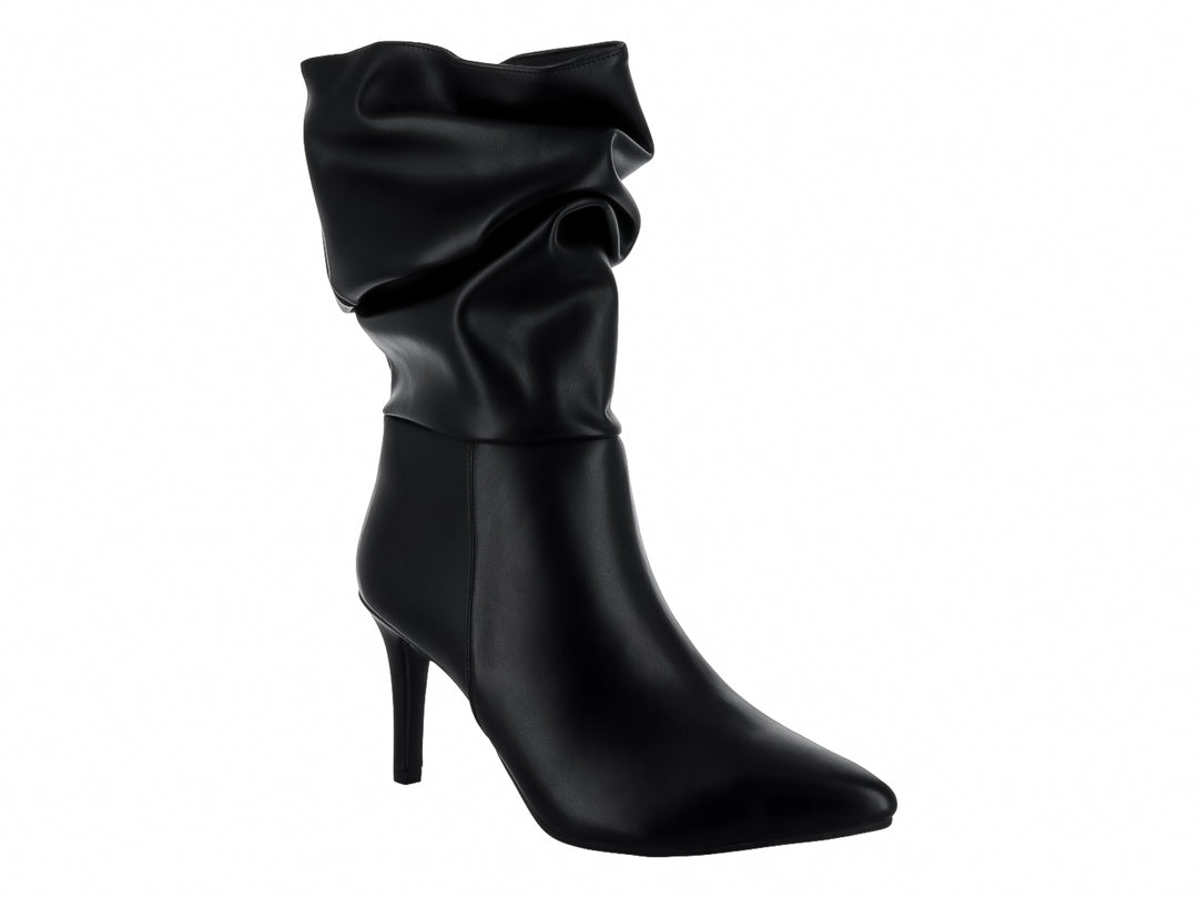 Botas negras de tacón alto para mujer con diseño de caña fruncida y acabado mate.