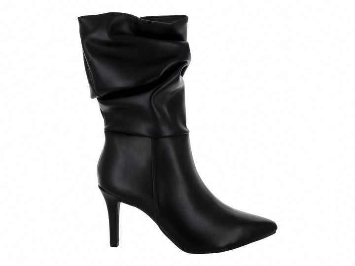Botas negras de tacón alto para mujer con diseño de caña fruncida y acabado mate.