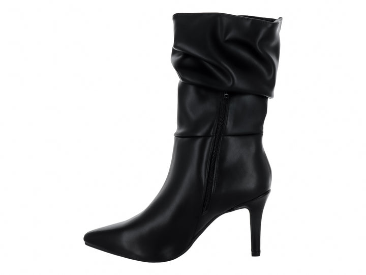 Botas negras de tacón alto para mujer con diseño de caña fruncida y acabado mate.