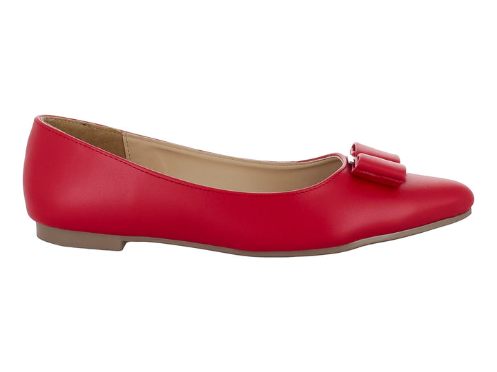 Zapato plano color rojo para mujer con detalle de moño en la parte frontal.