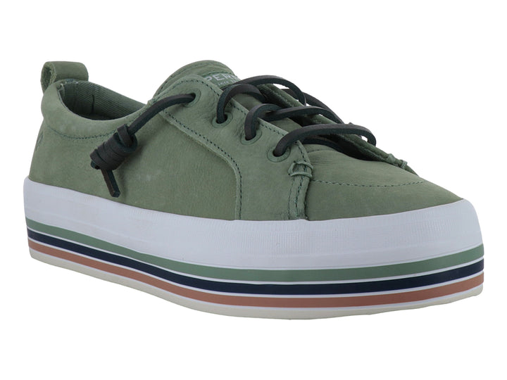 Tenis Sperry color verde con suela blanca y detalles en azul y café, estilo casual náutico.