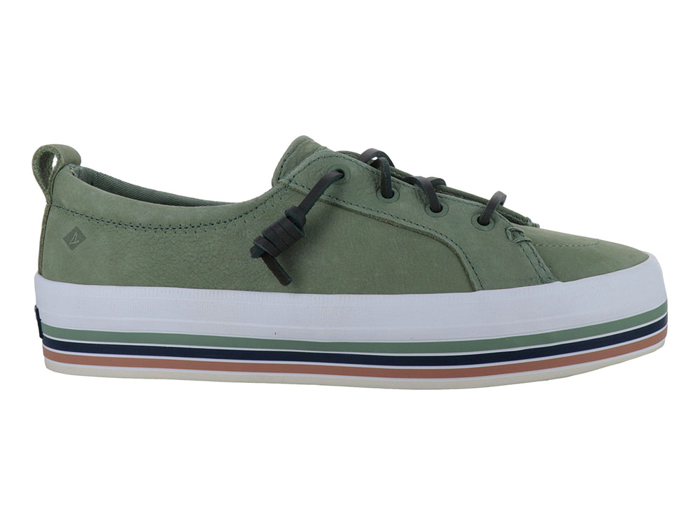 Tenis Sperry color verde con suela blanca y detalles en azul y café, estilo casual náutico.