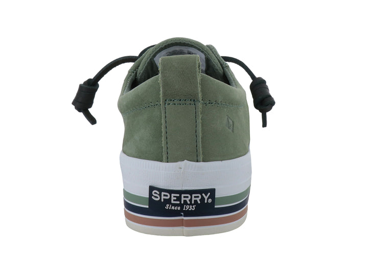 Tenis Sperry color verde con suela blanca y detalles en azul y café, estilo casual náutico.