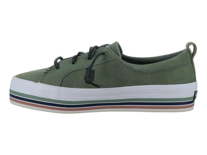 Tenis Sperry color verde con suela blanca y detalles en azul y café, estilo casual náutico.