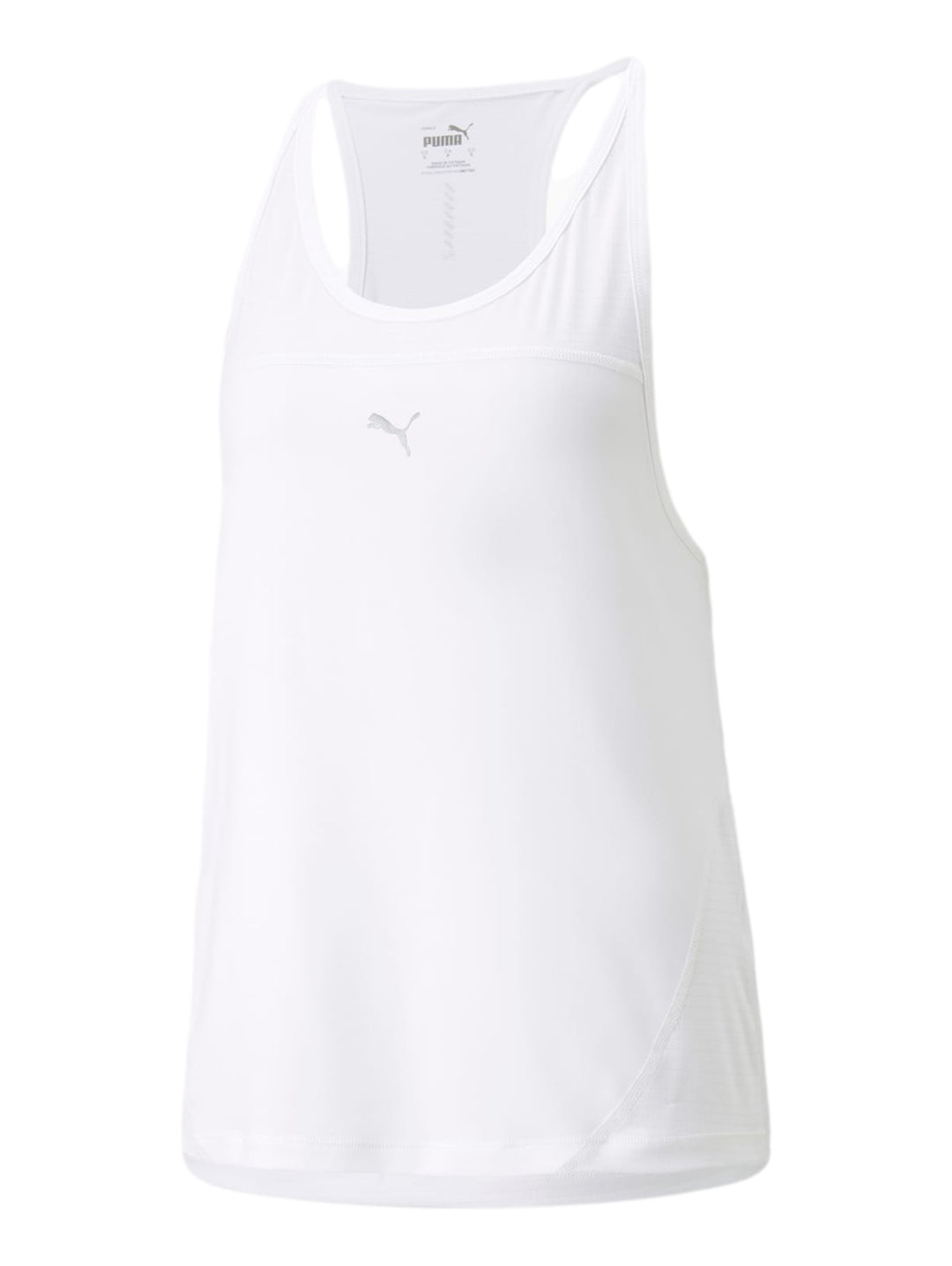Mujer vistiendo camiseta deportiva PUMA RUN TANK color blanco con paneles laterales negros.