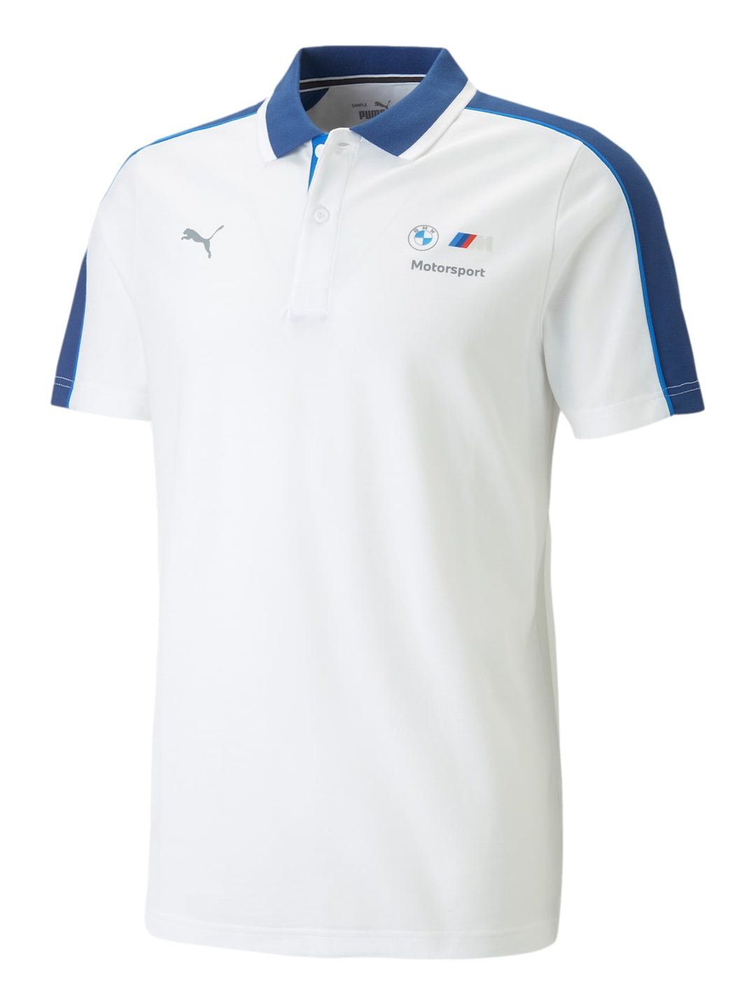 Polo PUMA BMW MMS color blanco con detalles azules en cuello y mangas.