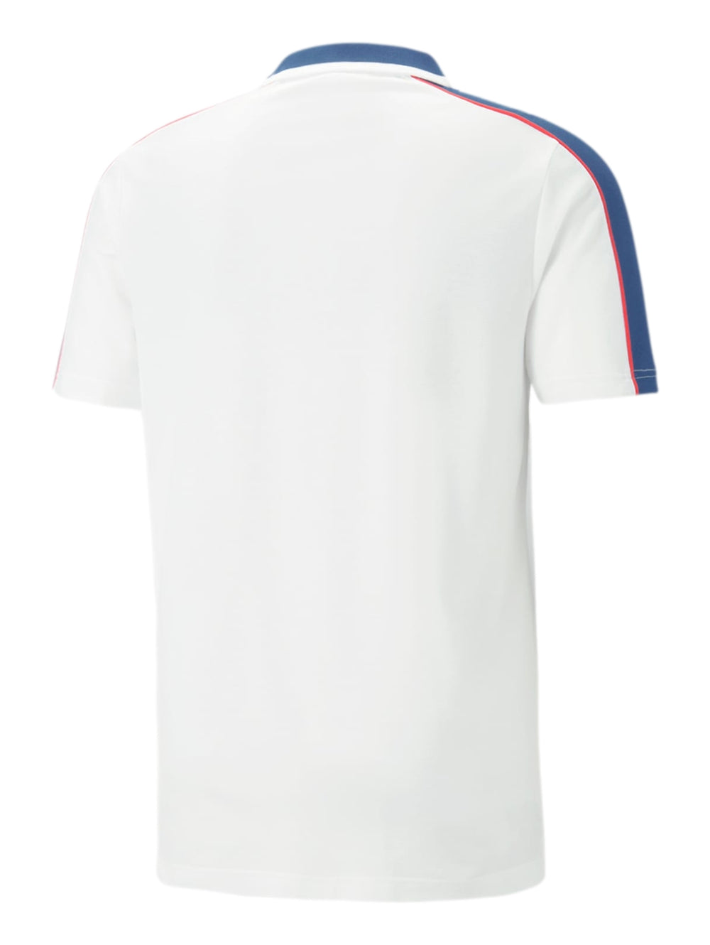 Polo PUMA BMW MMS color blanco con detalles azules en cuello y mangas.