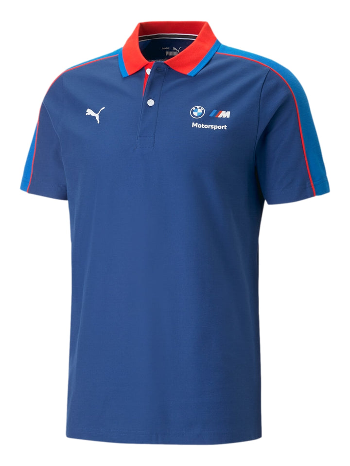 Polo deportivo PUMA BMW Motorsport color azul con cuello y detalles en rojo.