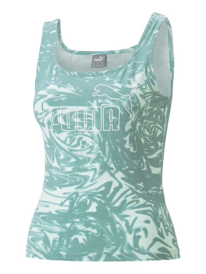 Camiseta sin mangas PUMA color adriatic con estampado abstracto en blanco y logo frontal.