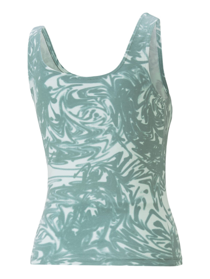 Camiseta sin mangas PUMA color adriatic con estampado abstracto en blanco y logo frontal.