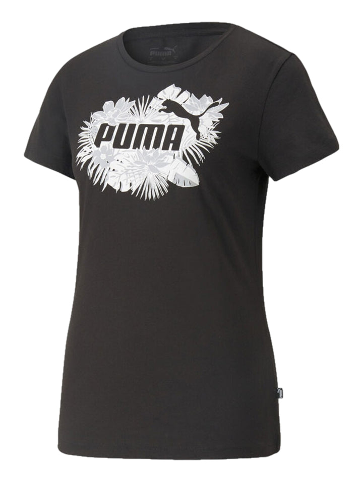 Camiseta PUMA color negro con estampado floral blanco y logotipo en el pecho.