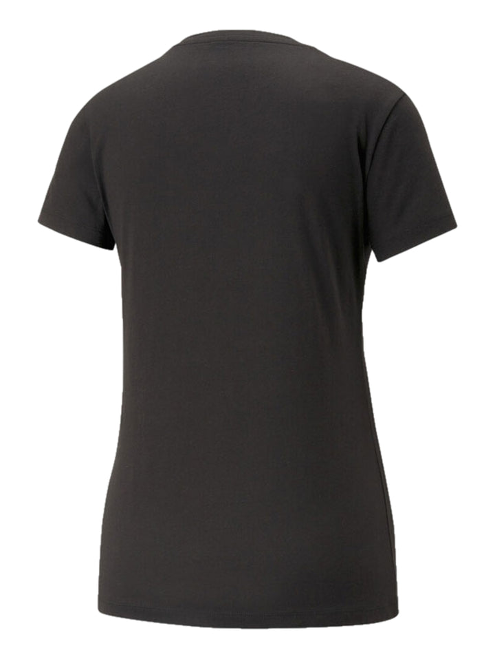Camiseta PUMA color negro con estampado floral blanco y logotipo en el pecho.