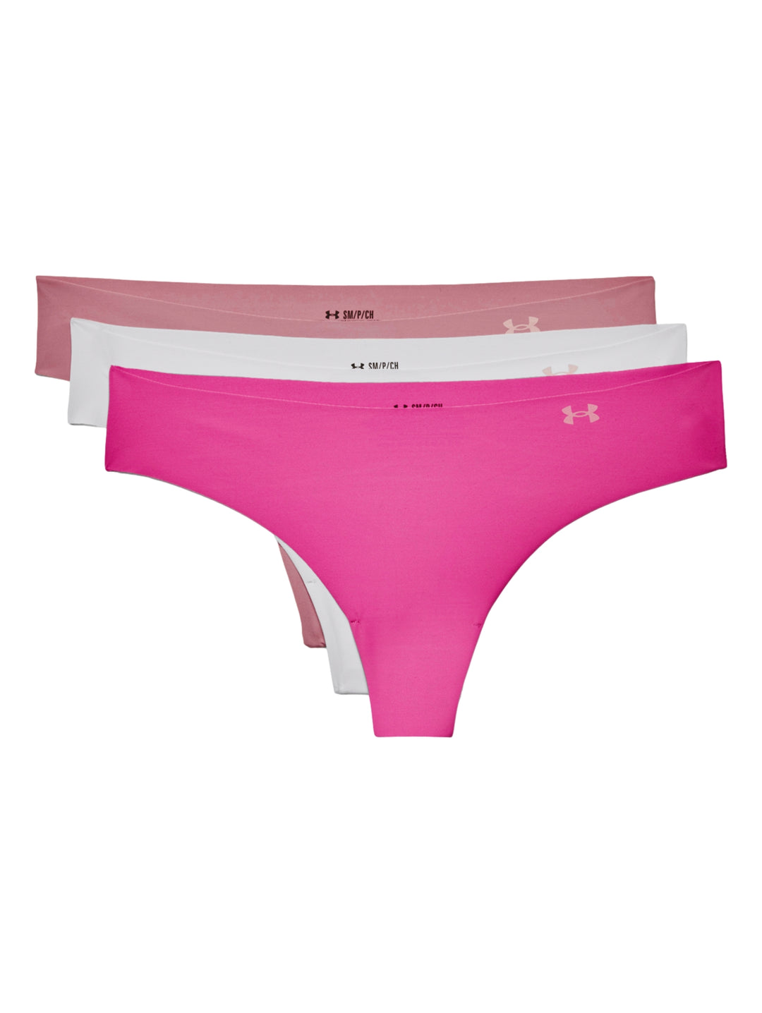 Mujer vistiendo una tanga deportiva de color rosa de la marca Under Armour.