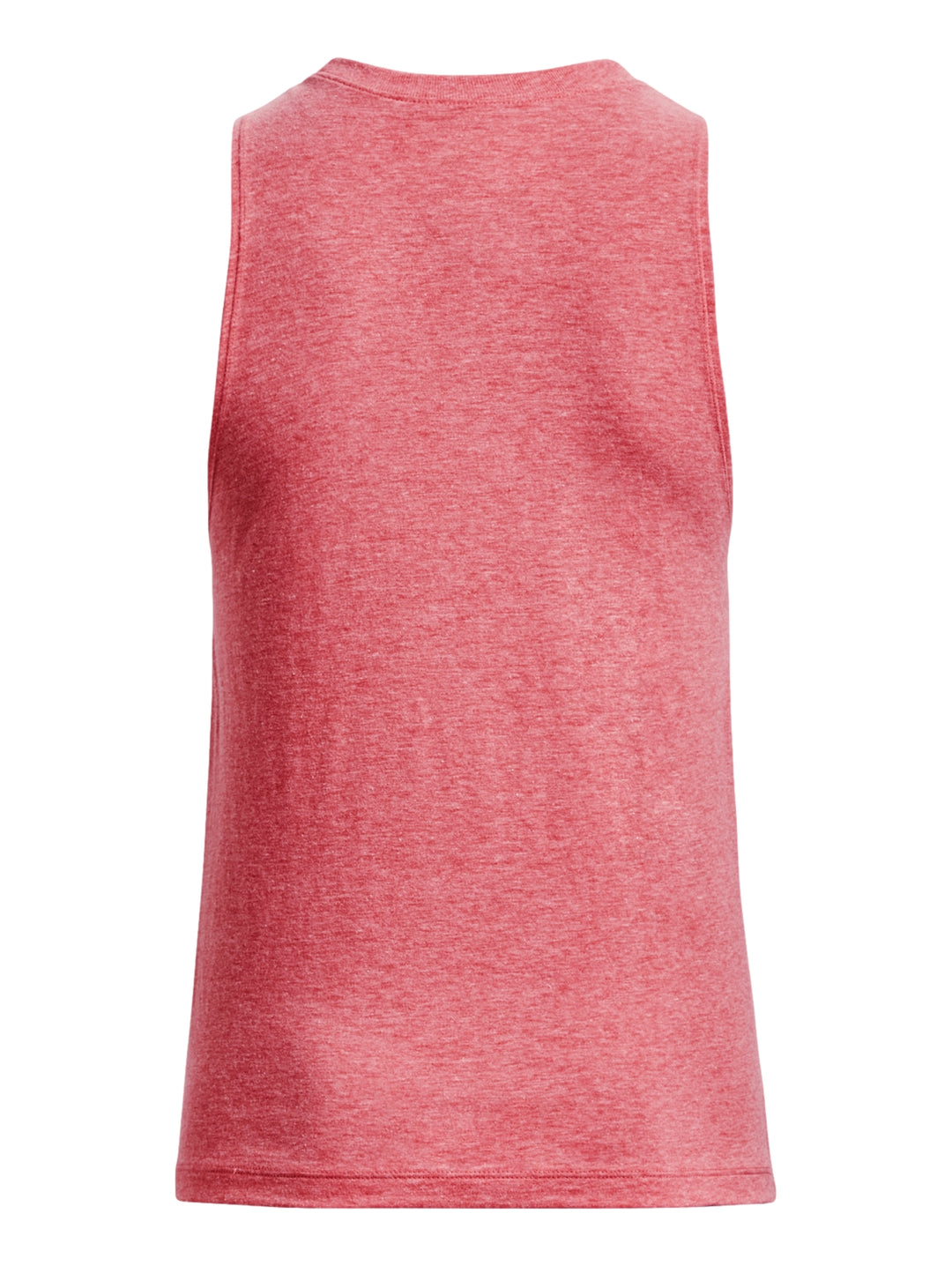 Mujer vistiendo una camiseta sin mangas rosa de Under Armour con logotipo blanco frontal y shorts a juego.