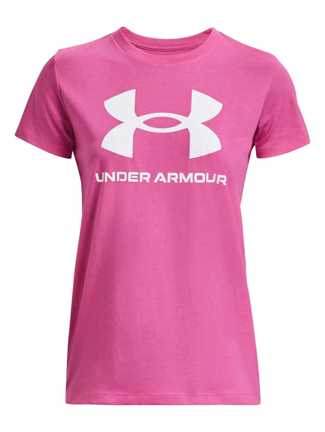 Mujer vistiendo una playera deportiva rosa de manga corta con el logotipo blanco de Under Armour en el pecho.