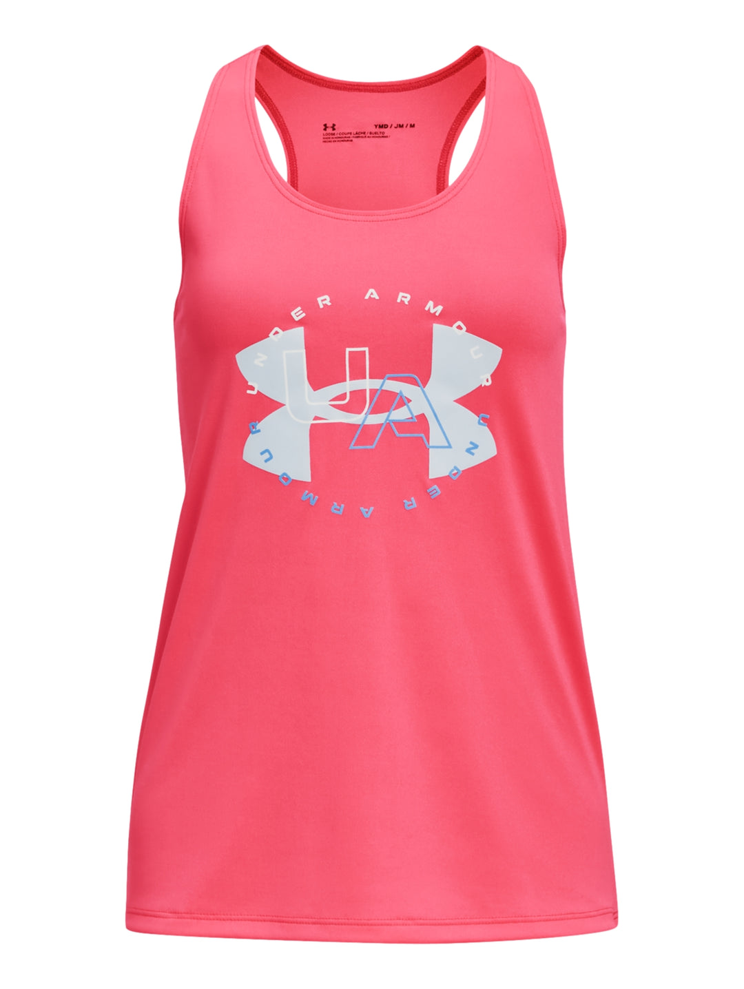 Camiseta deportiva sin mangas color rosa de la marca Under Armour con logotipo frontal.