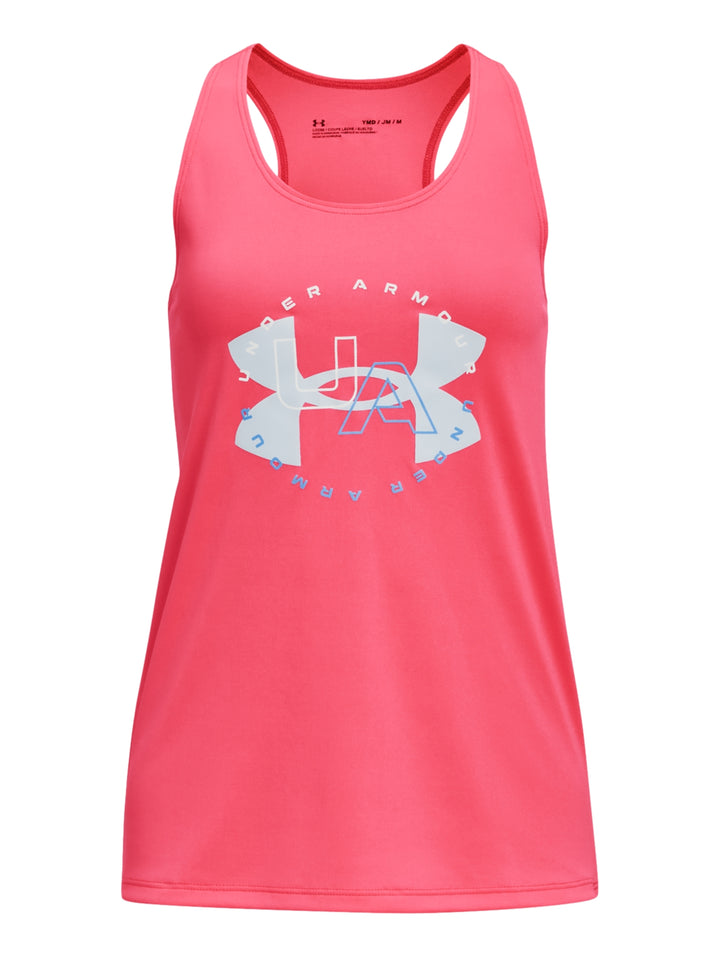 Camiseta deportiva sin mangas color rosa de la marca Under Armour con logotipo frontal.