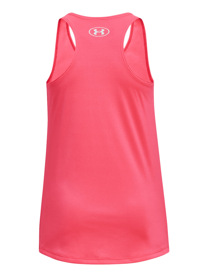 Camiseta deportiva sin mangas color rosa de la marca Under Armour con logotipo frontal.