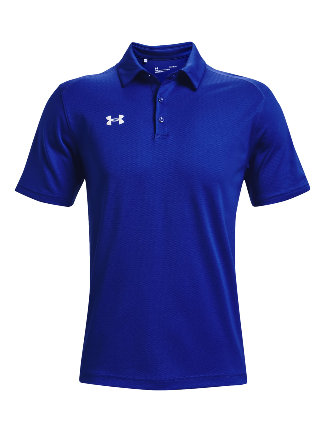 Hombre vistiendo polo deportivo azul de Under Armour con cuello y manga corta.