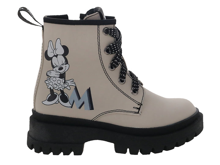 Bota infantil color beige con suela negra track y diseño de Minnie Mouse.