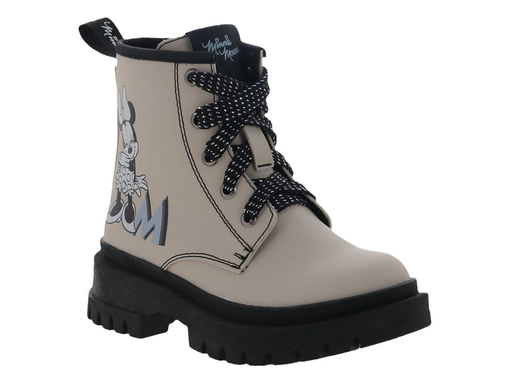 Bota infantil color beige con suela negra track y diseño de Minnie Mouse.
