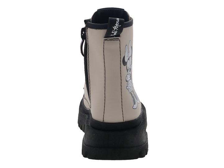 Bota infantil color beige con suela negra track y diseño de Minnie Mouse.