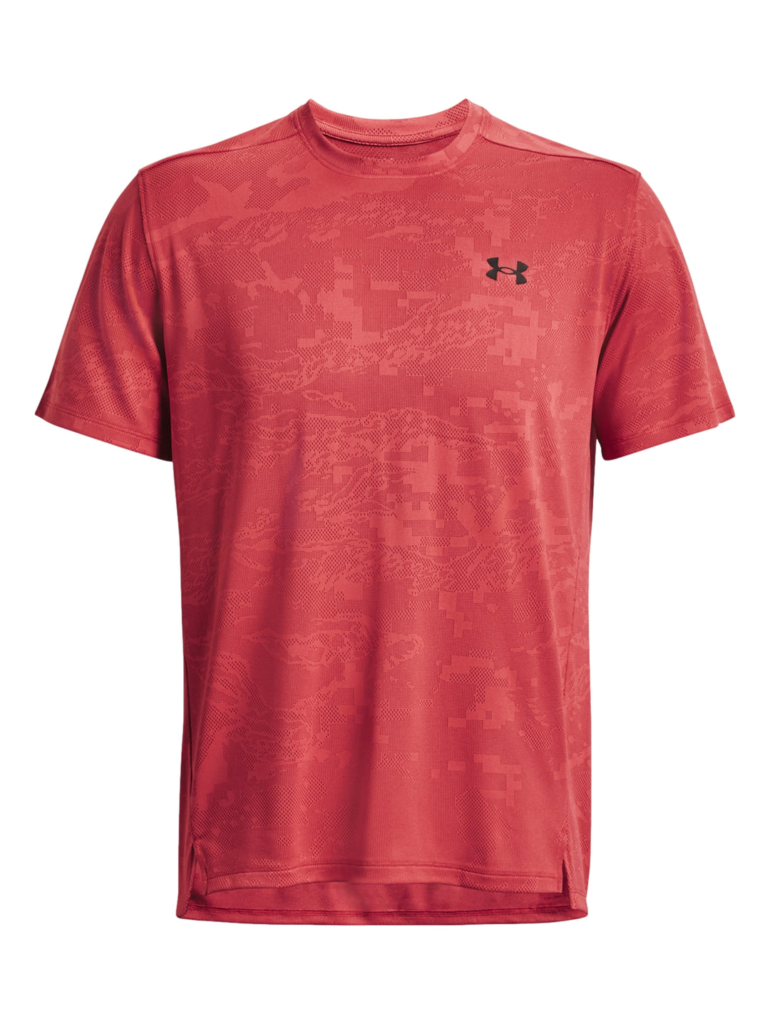 Camiseta deportiva de manga corta color rosa con patrón jacquard y logo de Under Armour.
