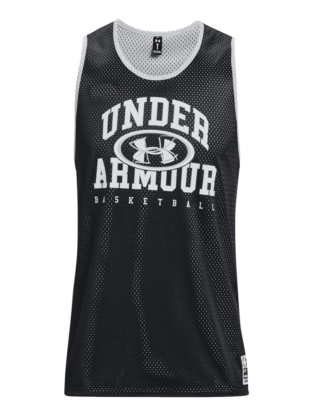 Jersey de basquetbol Under Armour color negro con ribete blanco y logotipo frontal.