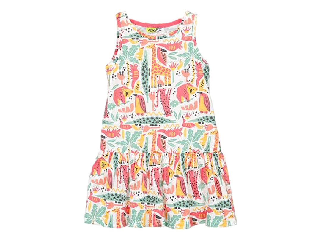 Vestido infantil color crudo con estampado multicolor de animales y sin mangas.