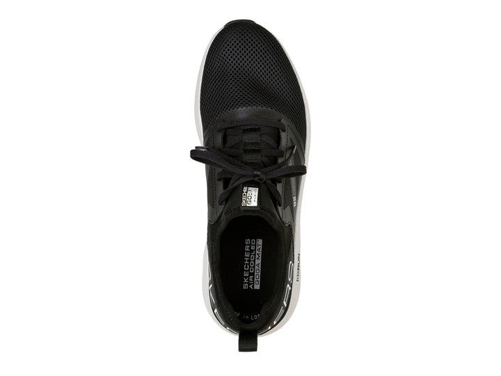 Tenis deportivos Skechers Go Run Elevate en color negro con suela blanca y detalles en blanco.