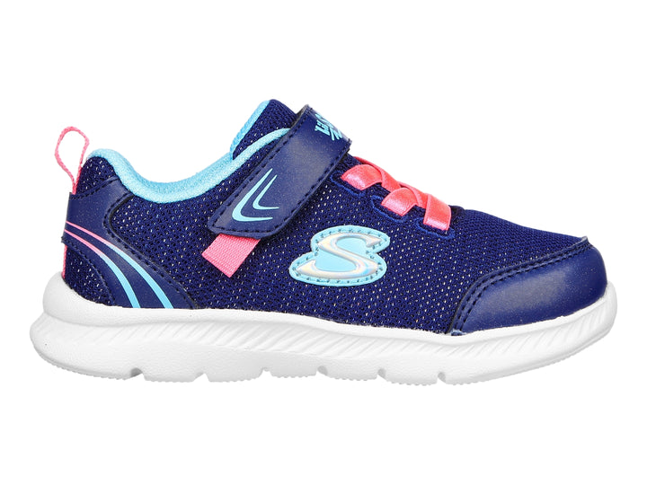Tenis deportivos Skechers azules con detalles en rosa y blanco, cierre de velcro y suela blanca.
