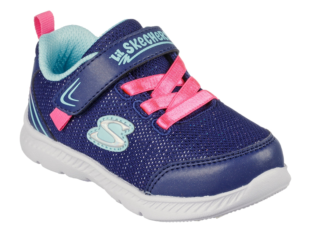 Tenis deportivos Skechers azules con detalles en rosa y blanco, cierre de velcro y suela blanca.
