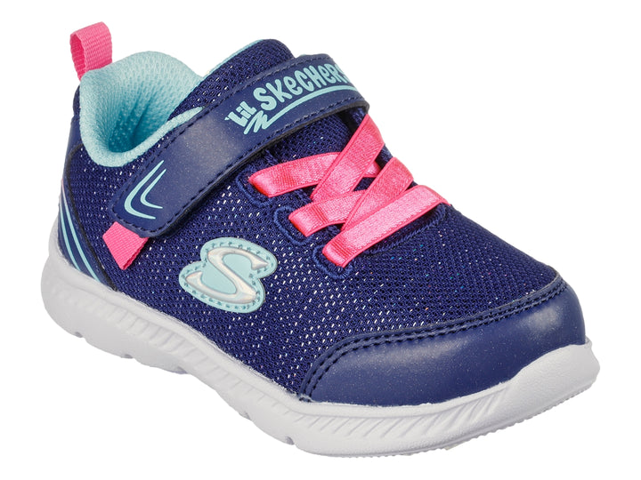 Tenis deportivos Skechers azules con detalles en rosa y blanco, cierre de velcro y suela blanca.