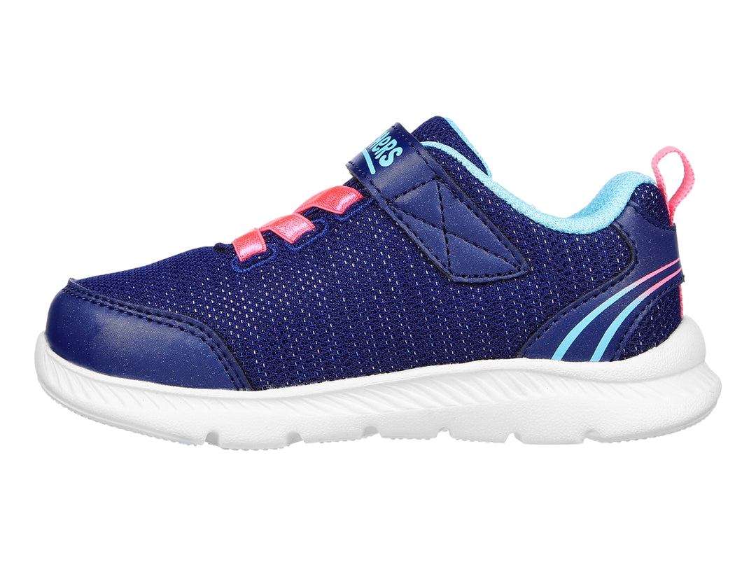 Tenis deportivos Skechers azules con detalles en rosa y blanco, cierre de velcro y suela blanca.