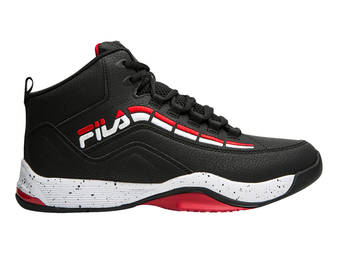 Tenis de baloncesto FILA Spitfire 3 color negro con suela blanca moteada y detalles en rojo.