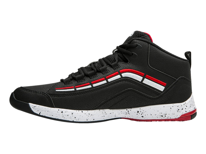 Tenis de baloncesto FILA Spitfire 3 color negro con suela blanca moteada y detalles en rojo.
