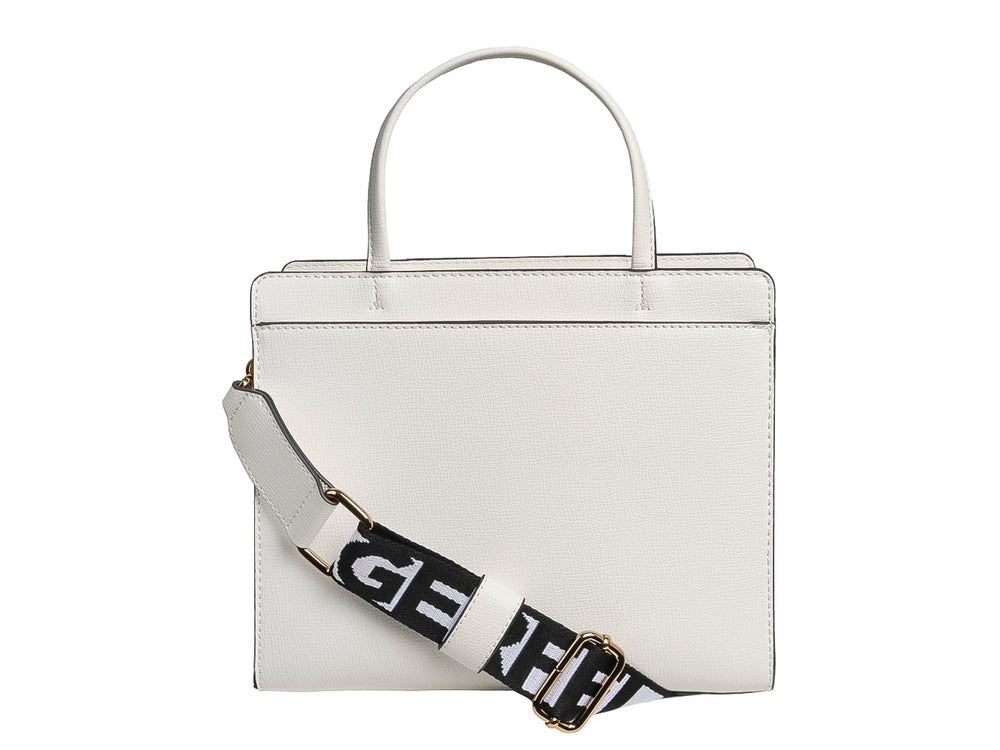 Bolso blanco rectangular de Karl Lagerfeld con estampados de corazones rojos y dorados, y figuras gráficas.