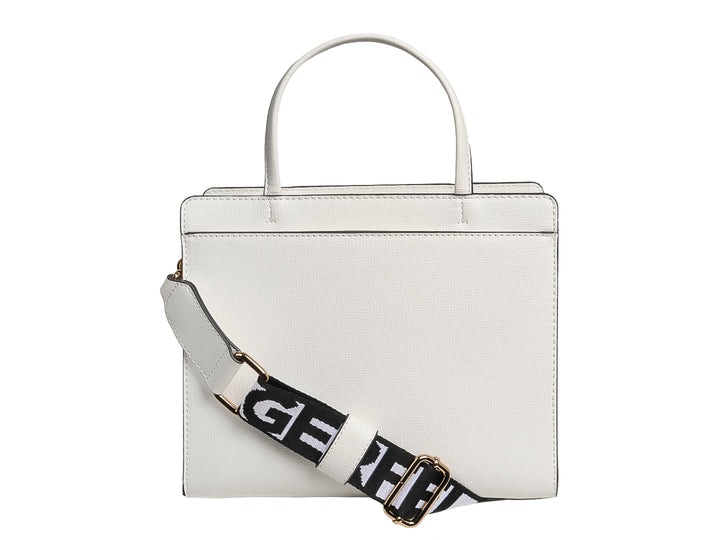 Bolso blanco rectangular de Karl Lagerfeld con estampados de corazones rojos y dorados, y figuras gráficas.