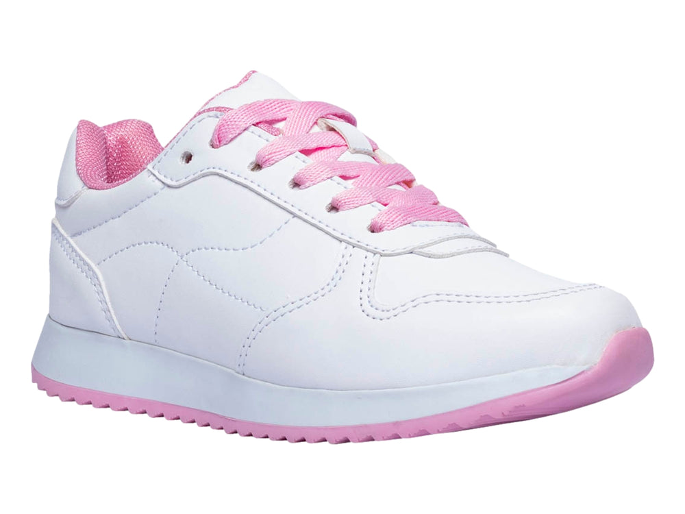 Tenis blancos para niña con cordones y suela de color rosa.