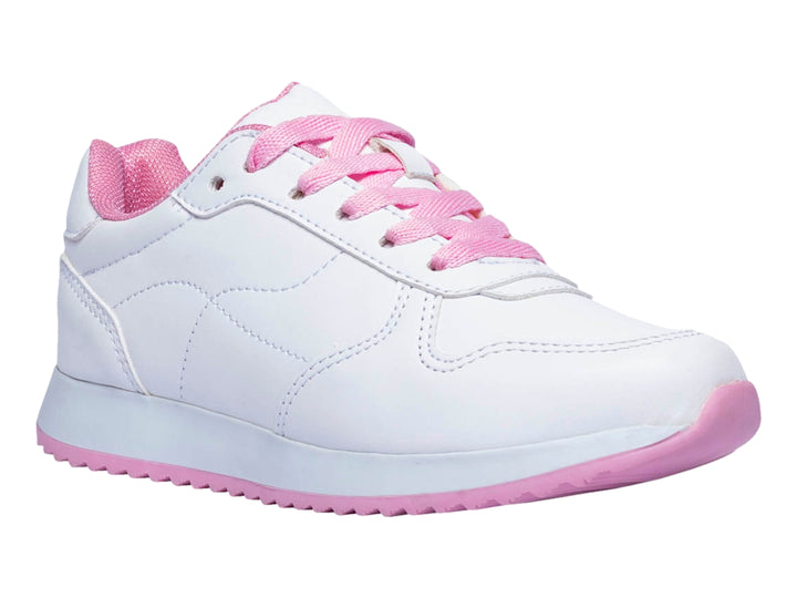 Tenis blancos para niña con cordones y suela de color rosa.