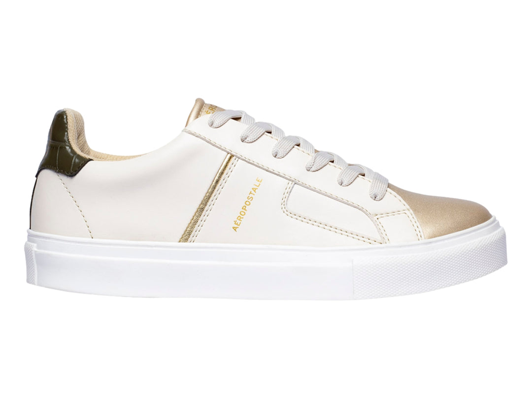 Tenis Aeropostale color beige con detalles en dorado y suela blanca para mujer.