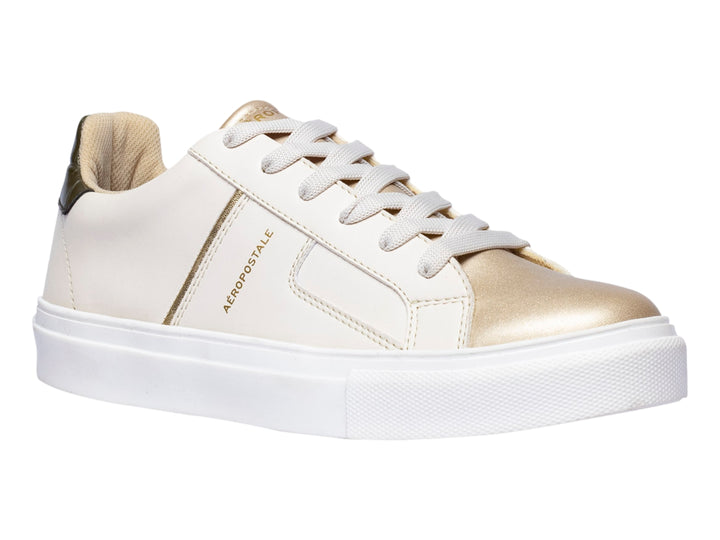 Tenis Aeropostale color beige con detalles en dorado y suela blanca para mujer.