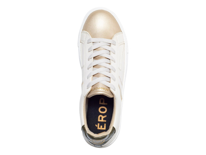 Tenis Aeropostale color beige con detalles en dorado y suela blanca para mujer.