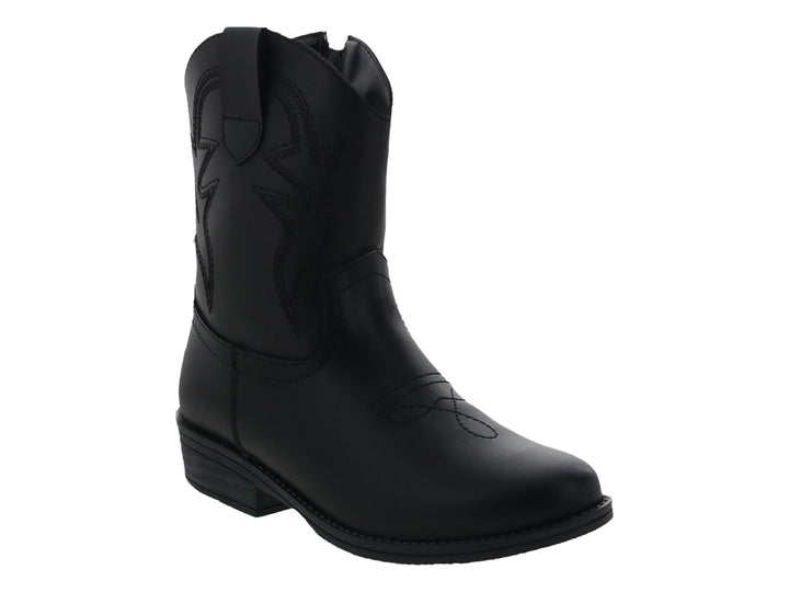 Bota vaquera de cuero color negro con costuras decorativas y punta redondeada.
